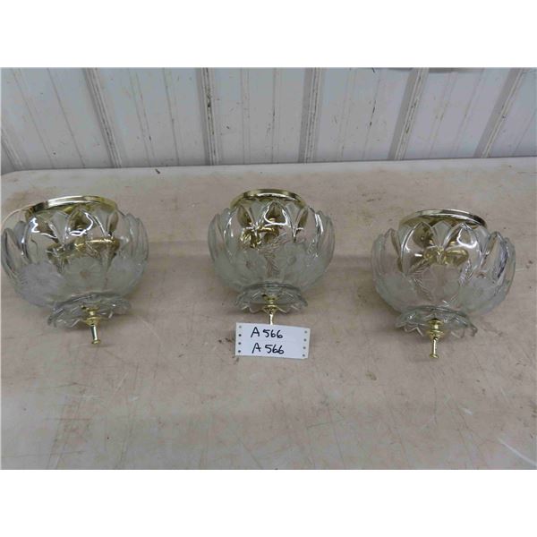 3 Matching Glass + Brass 1960's Ceiling Light Fixtures - Etched Floral Glass