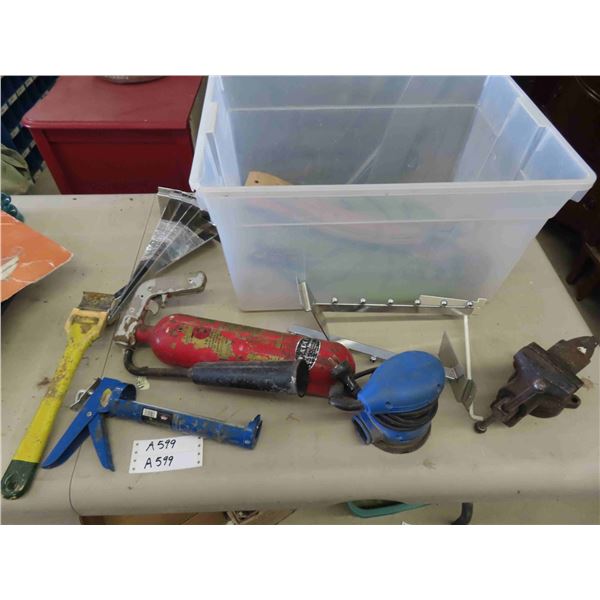 Plastic Tote with Small #112 Vice, Sander, Fire Extinguisher, Shelf Brackets, 