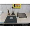 Image 1 : Cast Iron Floor Grate, Tin Tile with Mirror 18" x 18", 2 Vintage Lamp Bases