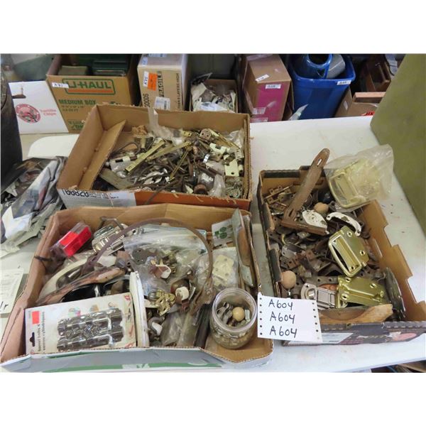 3 Boxes of Antique Hardware; Hinges, Handles, Latches, Casters, plus more