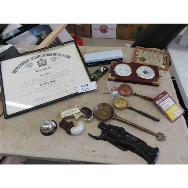 Denturist Framed Certificate, Barometer, Cast Lady, Gun Perfume Bottle, plus more