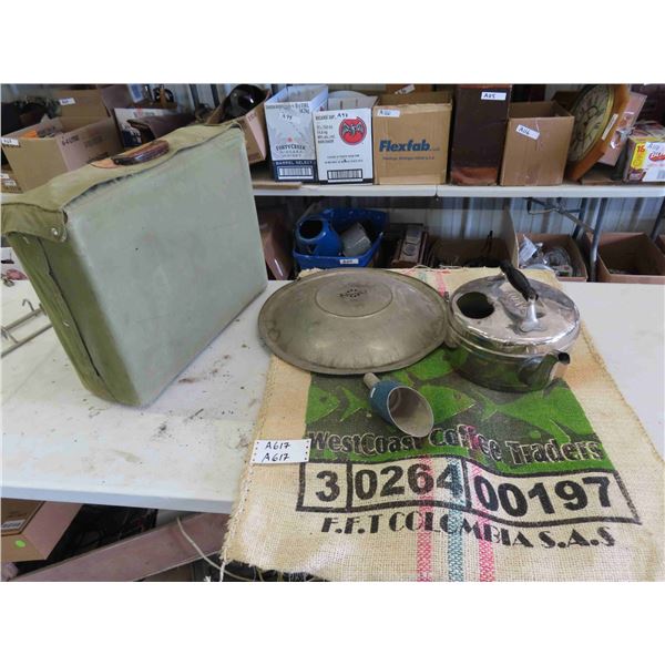 Army Suitcase, Large Kettle, Scoop, Bin Lid, Coffee Sack