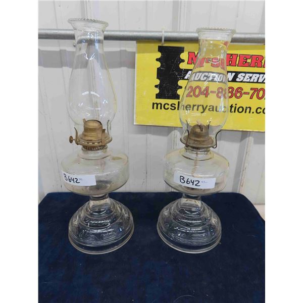 2 Matching Clear Glass Oil Lamps 18.5  Tall