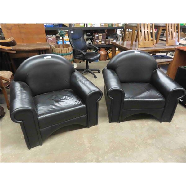 Pair of Big Black Leather Look Arm Chairs