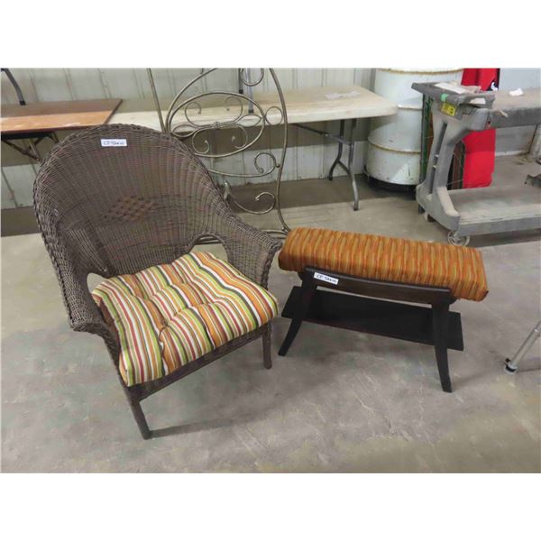 Vinyl Wicker High back Arm Chair with Cushion + Upholstered Top Bench/ Shelf