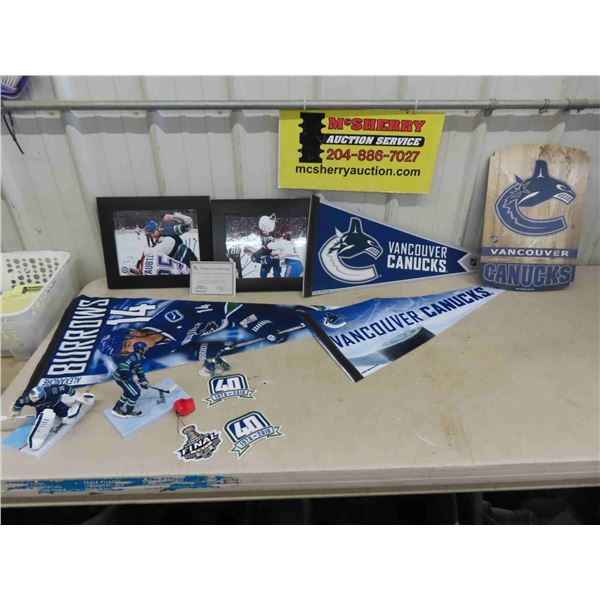 Vancouver Canucks Memorabilia ; 2 Signed Fight Pics, 3 Pennants, Statues, plus more