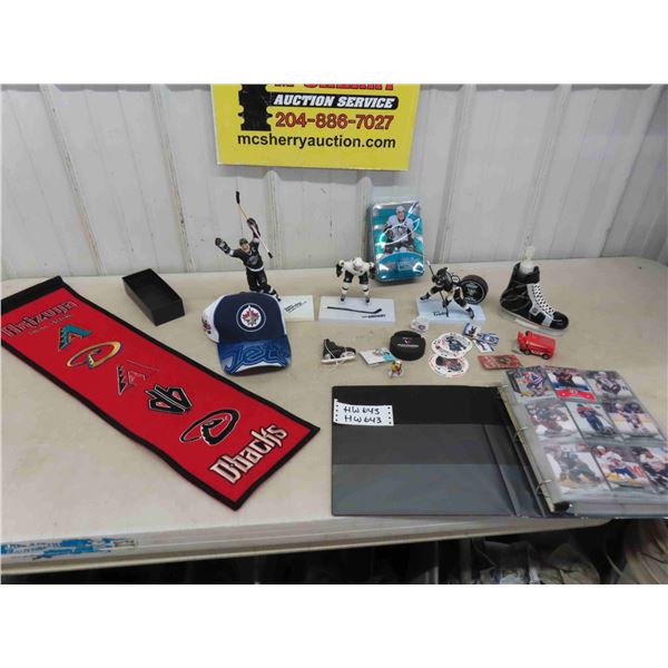 Assorted Hockey Memorabilia ; Gretzky + Crosby Figures, Binder of Hockey Cards,