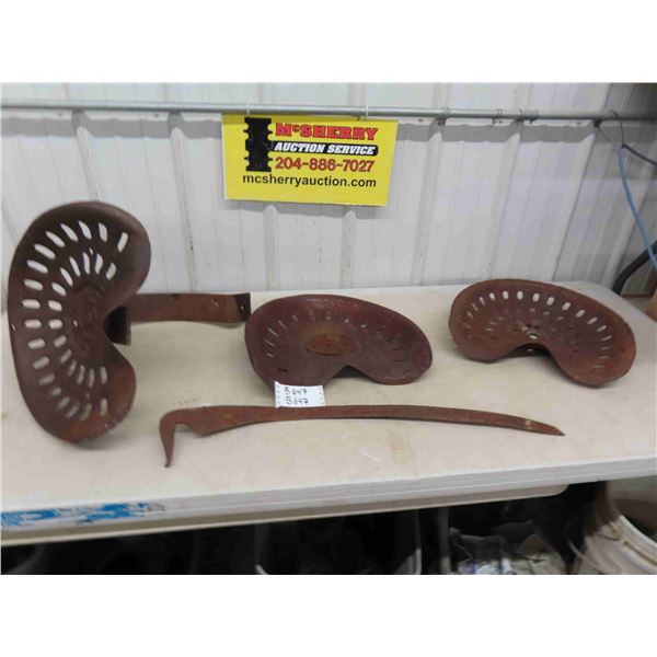 3 Metal Tractor Seats - 1 Has Posts, Rusty Scythe Blade