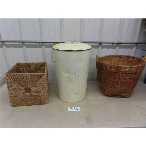 Rope Basket, Wicker Basket, Metal Flour Bin 21  Tall