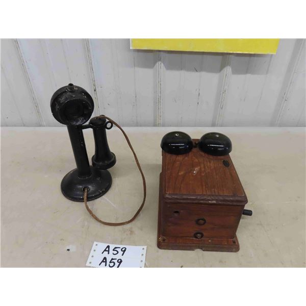 Vintage Candle Stick Phone , Antique Wooden Wall Ringer Box