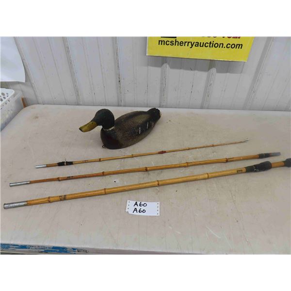Vintage Wooden Duck Decoy & 3 Piece Bamboo Fishing Stick