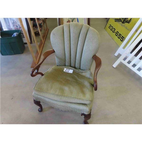 Vintage Looking Chair with High Back + Wooden Arms - Seat Cushion Needs New Filler