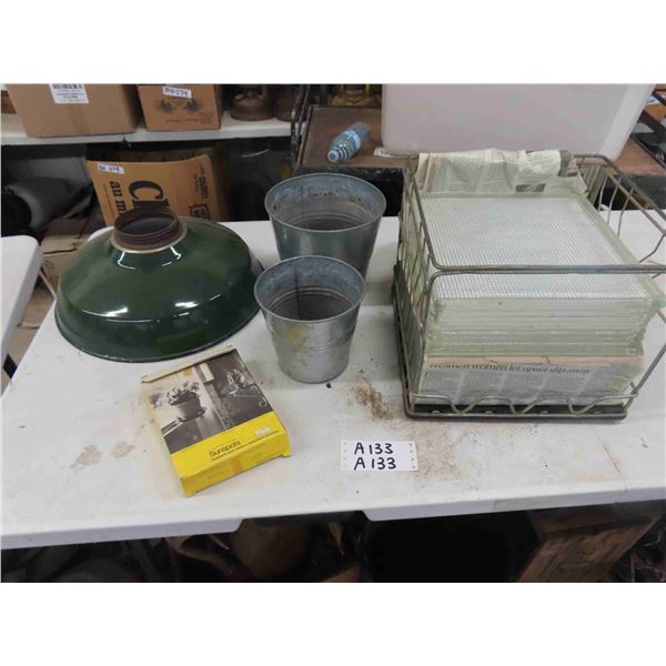 Porcelain Barn Light Shade 16" Diameter, 2 Galvanized Buckets, 2 Glass Blocks