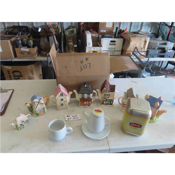 7 Figurine Tea Pots ; 6 Large, 1 Small, Lipton Tea Pot + Canister