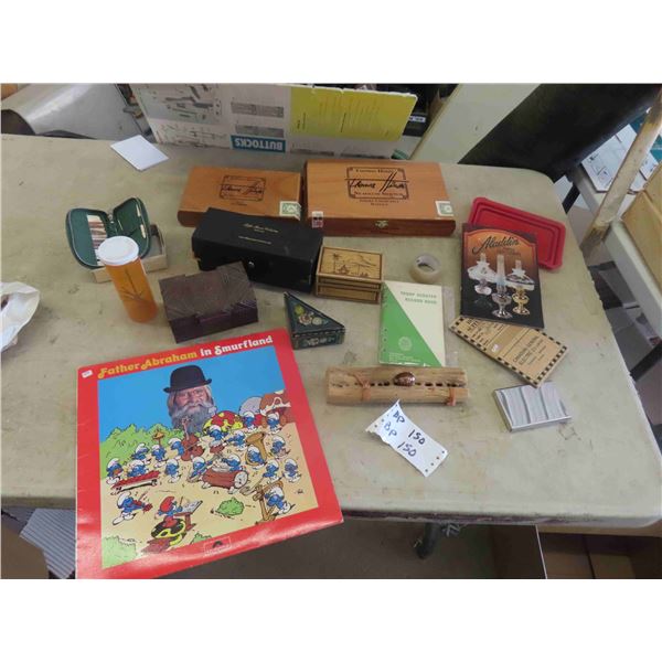 Cigar Boxes, Aladdin Brochure, Sewing Items, Smurf Record, plus more