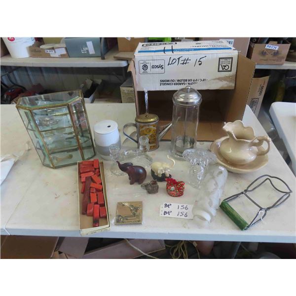 Pitcher + Basin, Barber Sterilizer Jar, Display Case with Brass Ornaments, Tribal Coasters