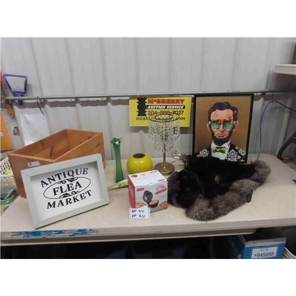 Mink/ Fox Fur Stole, Crystal Lamp, Vase, Flea Market Sign, 'Cool' Abe Lincoln Picture,