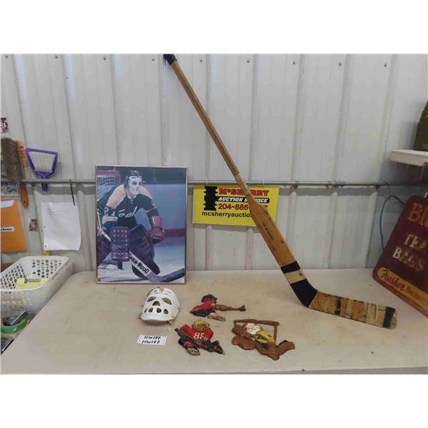Vintage Hockey Goal Stick, Framed Picture of Seals Goalie, vintage Goalie Mask, 1970's