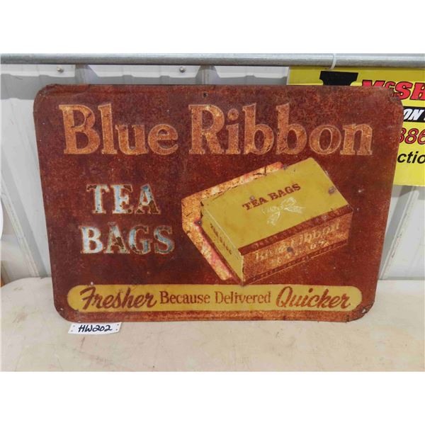 Blue Ribbon Tea Bags Embossed Tin Sign - Faded but Looks Good!