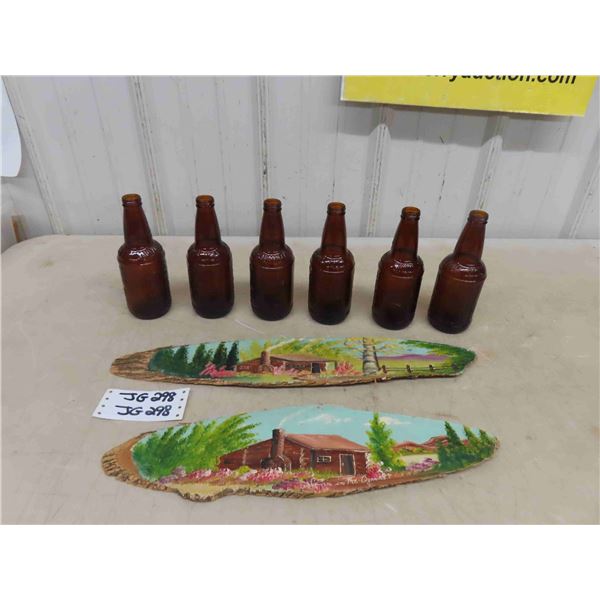 2 Rustic Paintings of Cabin in Ozarks on Wood Slices ; 20.75" & 17.75" & 6 Brown