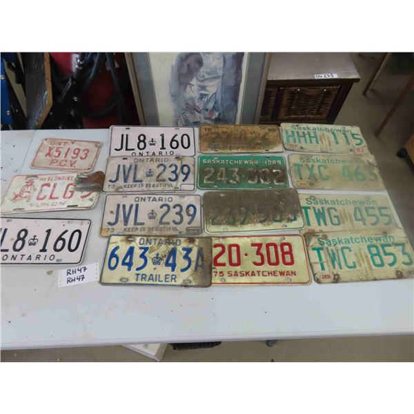 15 Assorted License Plates ; Ontario, Saskatchewan, Yukon - 1960's + Up