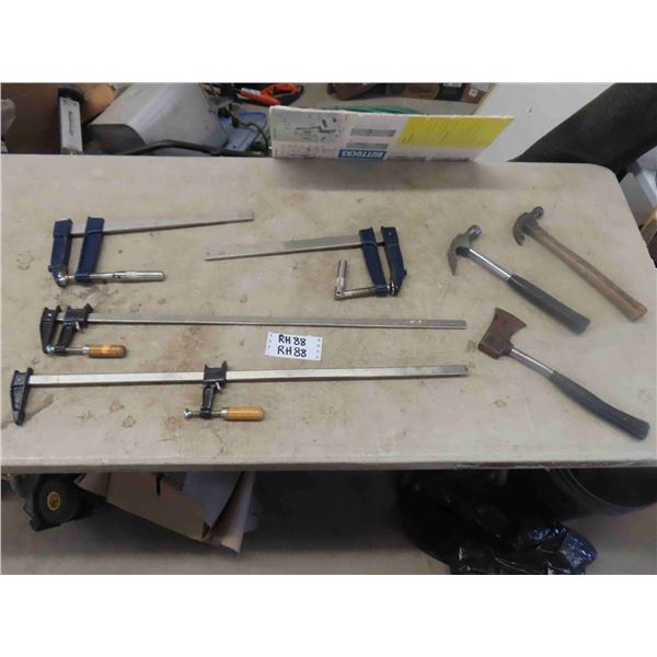 2 Long Clamps 33", 2 Short Clamps 17", 2 Claw Hammers + Hatchet