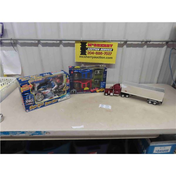 Die Cast Peterbilt & 2 RC Toys in Boxes ; Race Car + Motorcycle