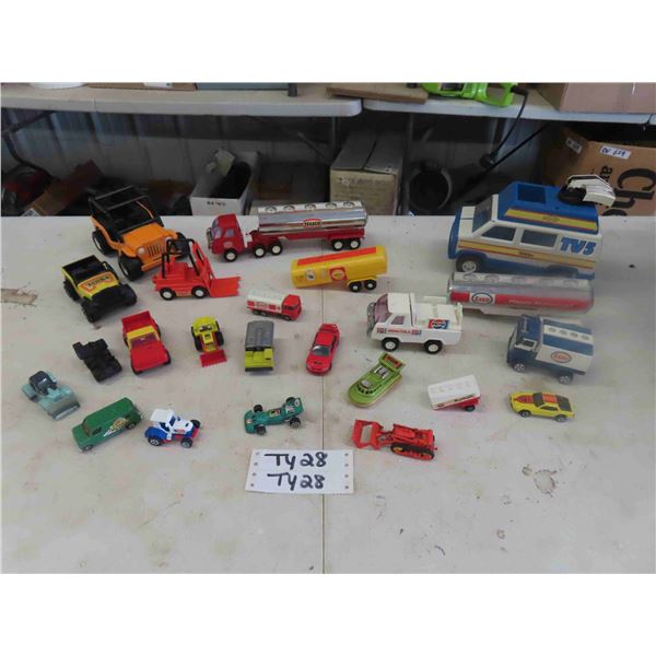 Assorted Tonka + Die Cast ; Texaco Tanker, 2 Jeeps, TV Truck, Pepsi Truck, 