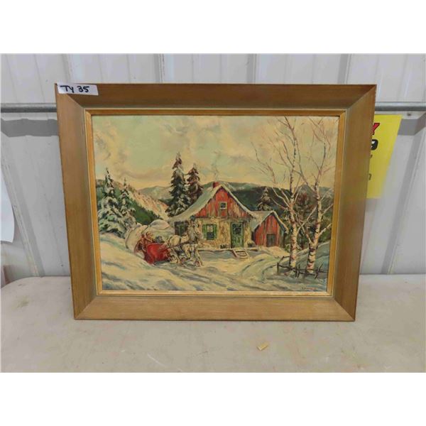 Framed Oil Painting Signed By E. Bonham ' Sledding by the Cabin' 23" x 29"