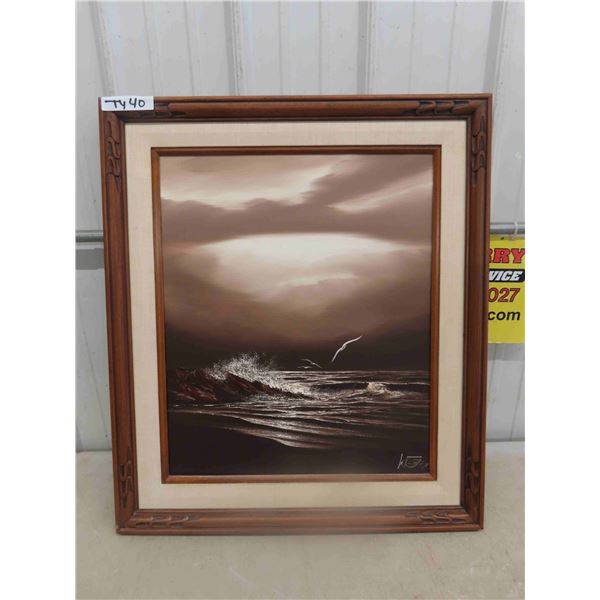 Nicely Framed Oil on Canvas - Birds + Crashing Waves - Signed 26.5" x 30.5" 