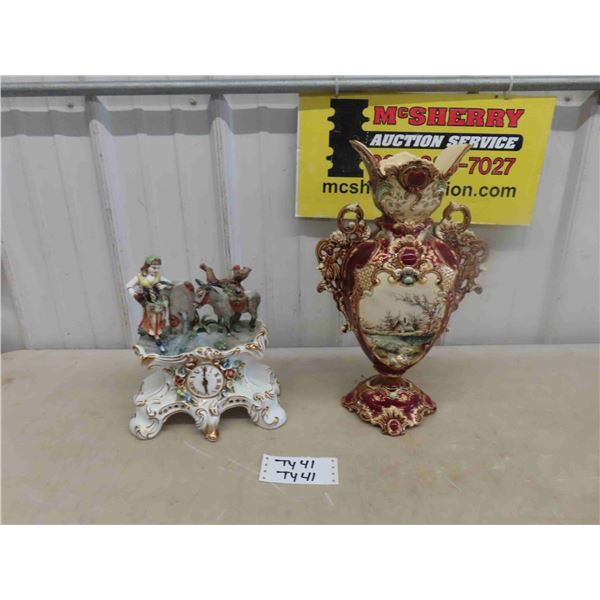 2 Porcelain Ceramic Items ; Clock with Lady and Donkey & Vase with Ornate Detail 17"