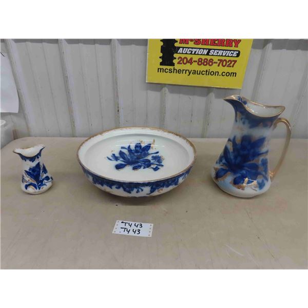 Fine Porcelain China Wash Jug + Basin with Extra Small Pitcher - Marked Made in England