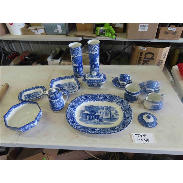 15pcs Flow Blue Porcelain China ; Abbey 1790 England ; Cups + Saucers, Gravy Boat,