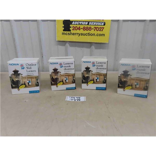 4 New , Never Opened, Outdoor NOMA Wall Lanterns- Black + Brass Looks/ Finish -