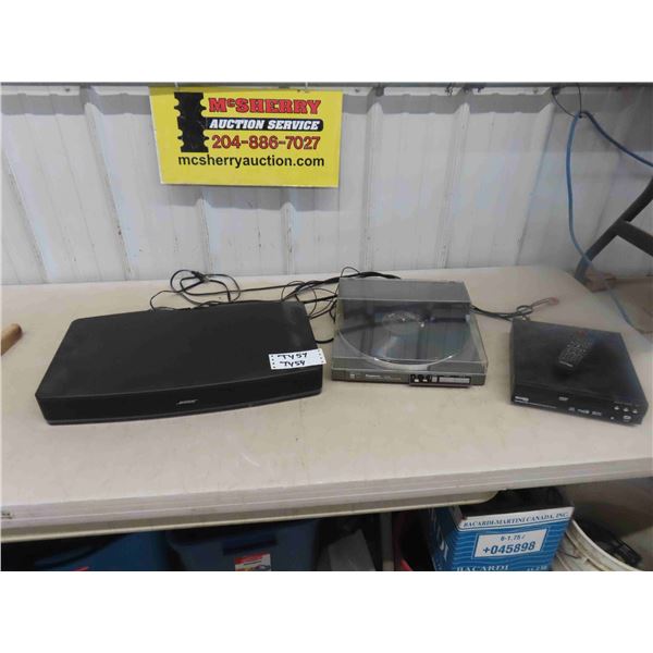 Bose Solo TV Sound System, Panasonic Linear Track Turntable, Diamond DVD Player