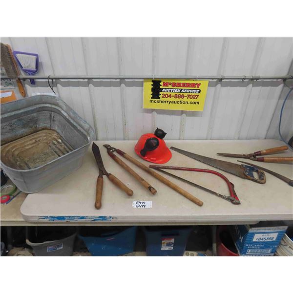 Galvanized GSW Tub Loaded with Yard Hand Tools ; Saws, Clippers, Safety Helmet