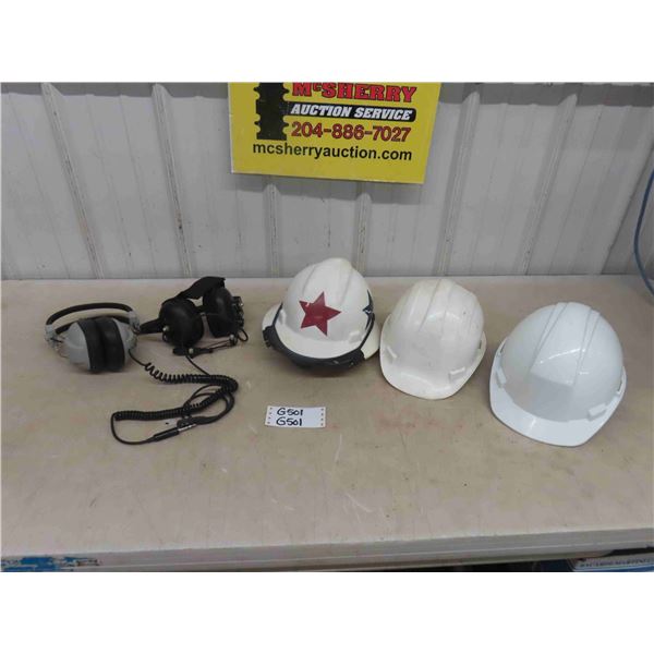 3 Hard hats with Liners & 2 Pair of Headphones