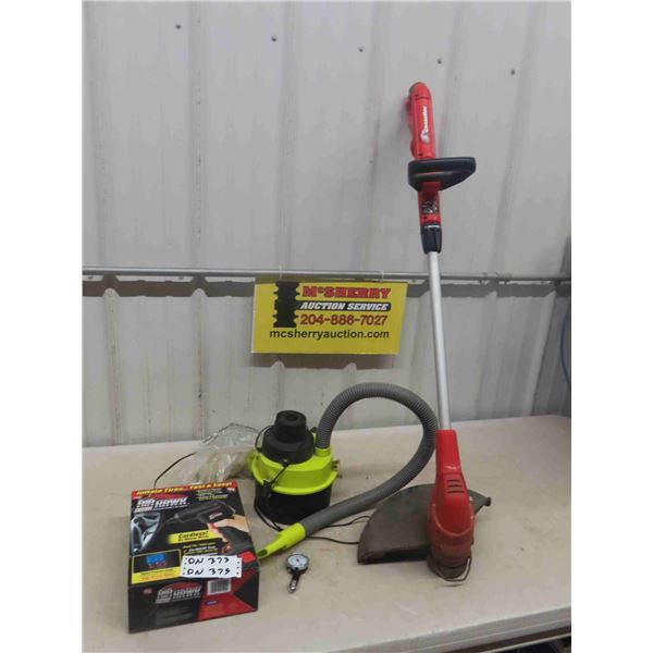 B+D Electric Weed Eater, Air Hawk Cordless Tire Inflator, 12V Vacuum
