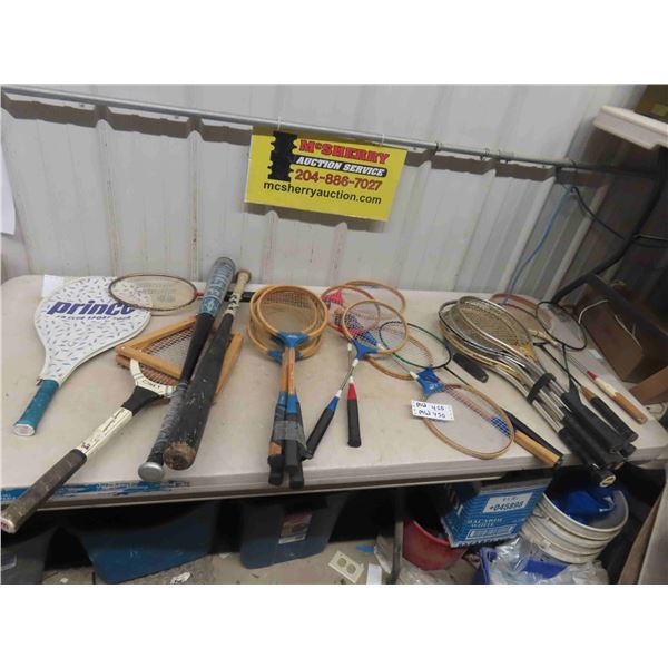 Tennis + Badminton Rackets Plus Wood + Aluminum Bats