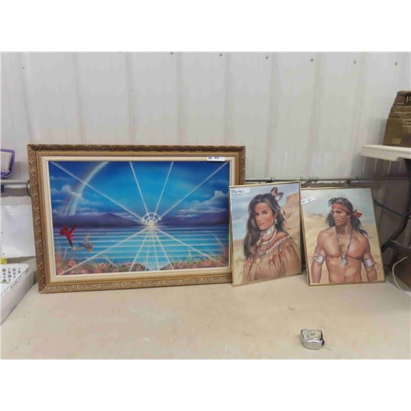 Framed Painting on  Canvas - Steve Sevan 27" x 39" & (2)  Indigenous Prints - 