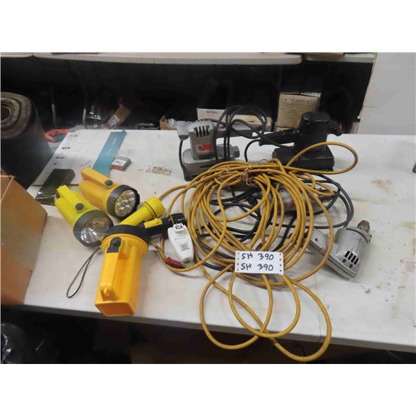 Extension Electrical Cords, 4 Power Tools; (2) Drills, (2) Sanders, Flashlight