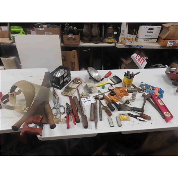 Odds n Ends of Tools ; Drill Bits, Level, Tin Snips, Riveter, Screwdriver, File, plus more