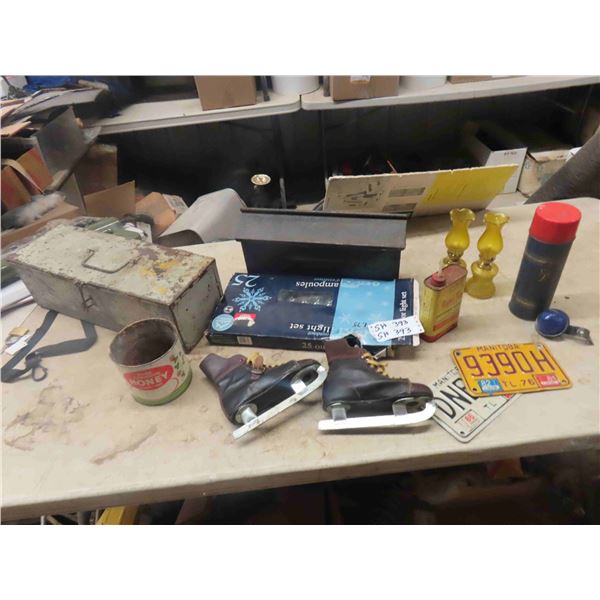 Steel Tool Box, Old License Plates, Mini Coal Oil Lamps, Vintage Childs Skates, 