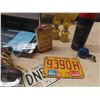 Image 3 : Steel Tool Box, Old License Plates, Mini Coal Oil Lamps, Vintage Childs Skates, 