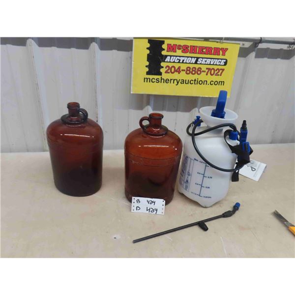Bottle Yard Sprayer & Pair of Brown Jugs