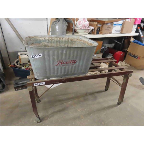 Wood Folding Beatty Wash Tub Bench with Embossed Galvanized Wash Bin on Castors