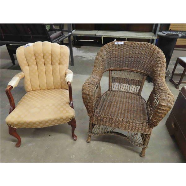 Wicker Chair with High Back + Arms , Cloth Covered Wood Frame High Back Arm Chair