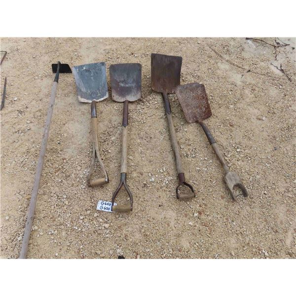 4 Various Shovels + 1 Hoe
