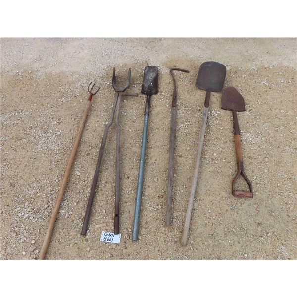 Assorted Shovels, Cultivator, Post Hole Digger 
