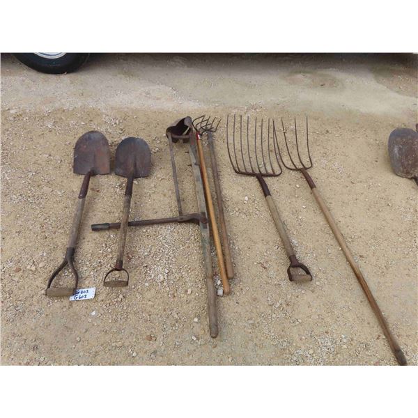 Various Yard/ Farm Tools ; Hay Forks, Spades, Post Hole Cleaner, Cultivators